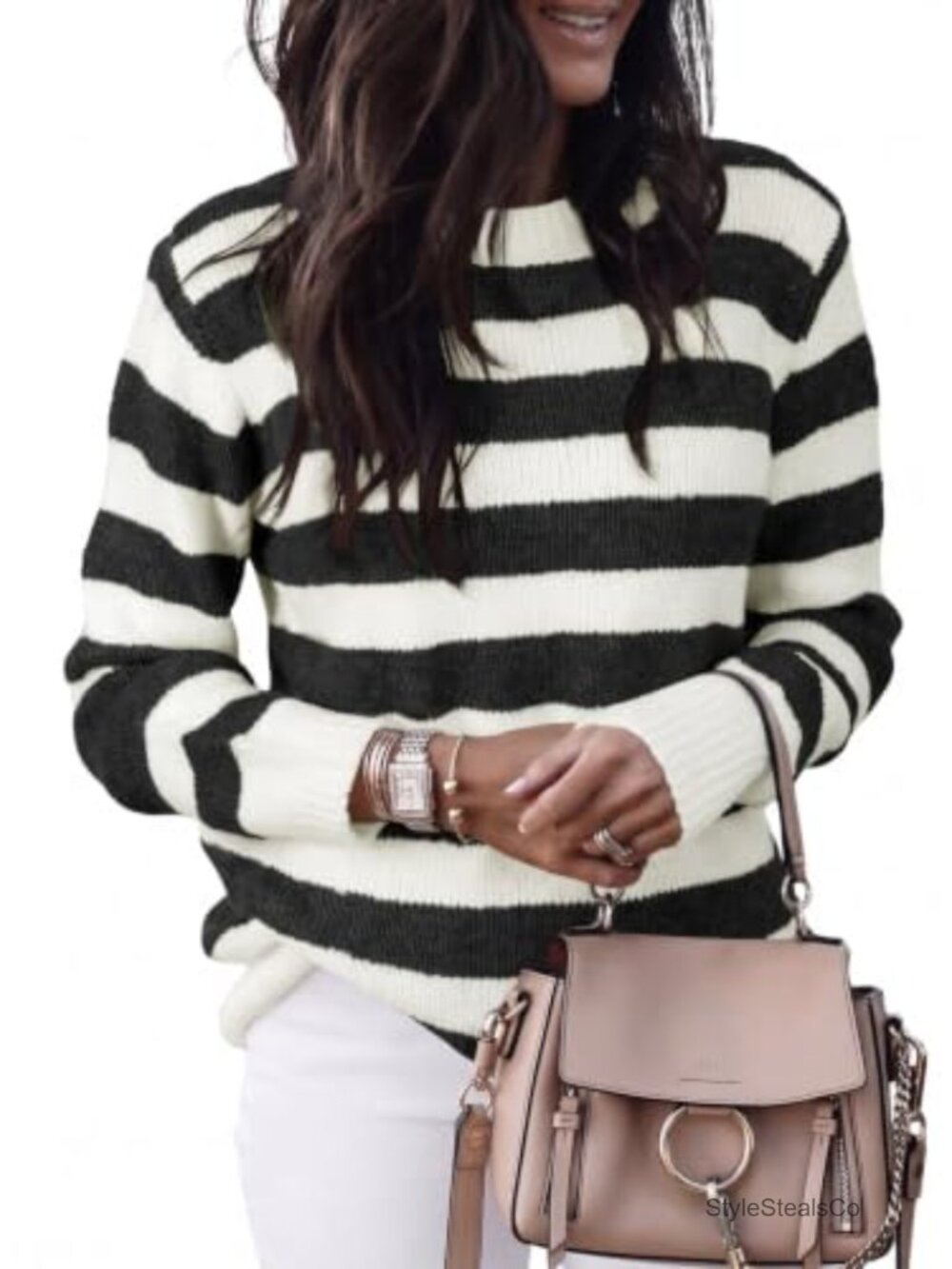 Women's Striped Color Block Long Sleeve Knit Pullover Sweater